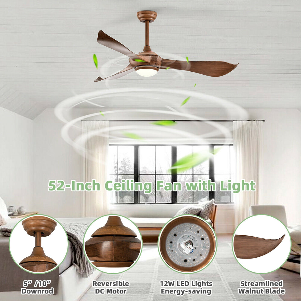 52-inch ceiling fan with light, walnut blades, reversible DC motor, ideal for living room or bedroom comfort.