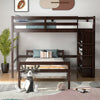 Twin over twin loft bunk bed in dark brown with a 4-layer bookcase, perfect for small rooms and extra sleeping space.