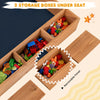 Kids wooden square sandbox featuring three storage boxes under the seat for organizing sand toys and tools.