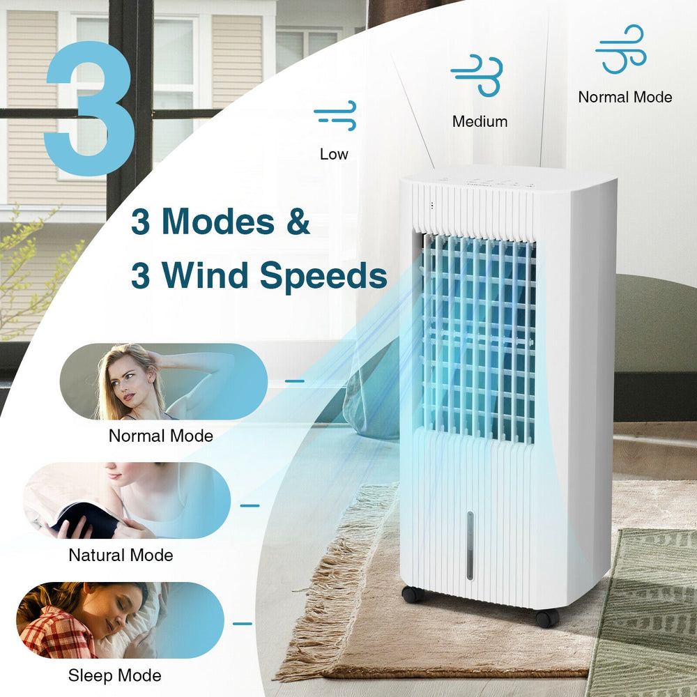 3-in-1 evaporative air cooler in white with 3 modes, 3 fan speeds, and adjustable airflow for home or office use.