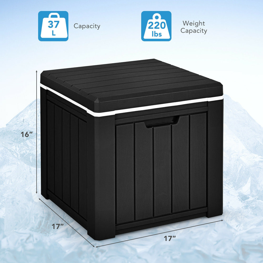Compact 10-gallon black storage cooler with removable lid, 220 lbs capacity, ideal for outdoor activities and.