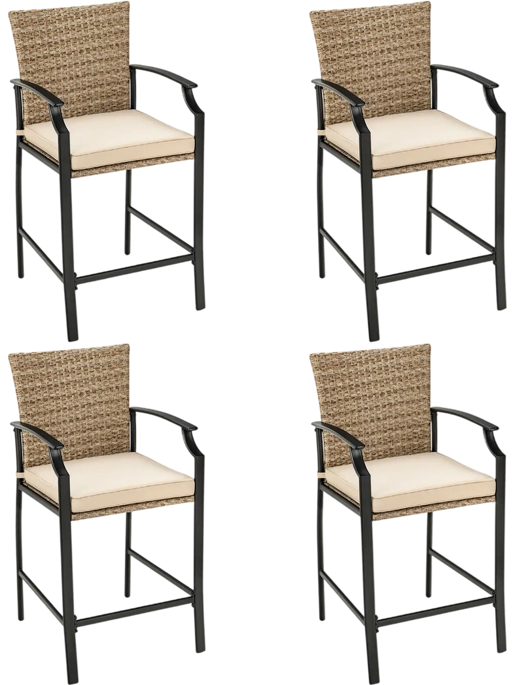 Patio Rattan Bar Stools Set of 4 with Soft Cushions