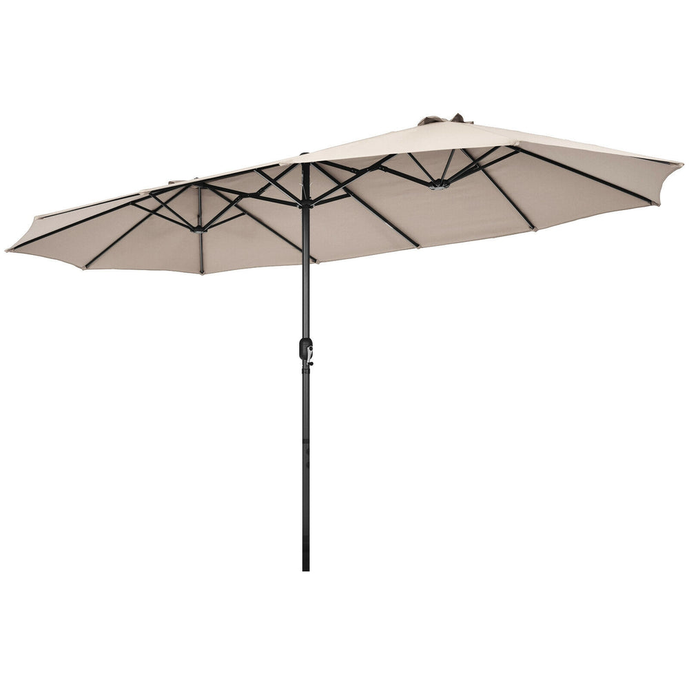 Double-sided 15 feet patio umbrella in beige with a hand-crank system for easy opening, ideal for outdoor shading.