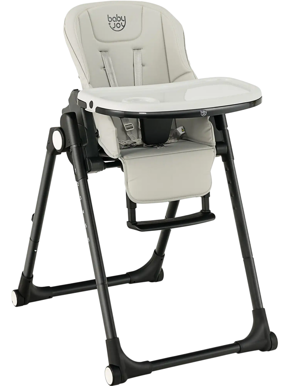 Gray 4-in-1 baby high chair with adjustable height, removable trays, and rolling wheels for easy mobility and safety.