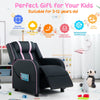 Kids recliner chair in pink with adjustable backrest, footrest, and side pockets for comfortable play and relaxation.