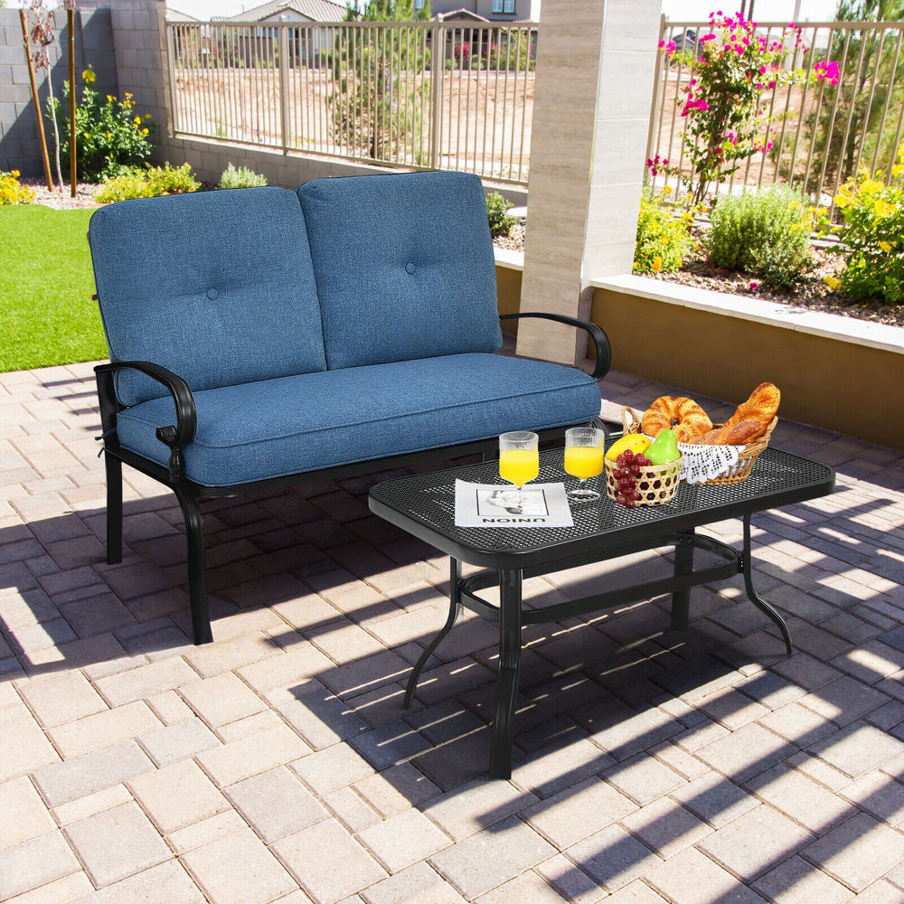 2 Pieces Patio Loveseat Bench Table Furniture Set with Cushioned Chair-Blue - Gallery View 1 of 12