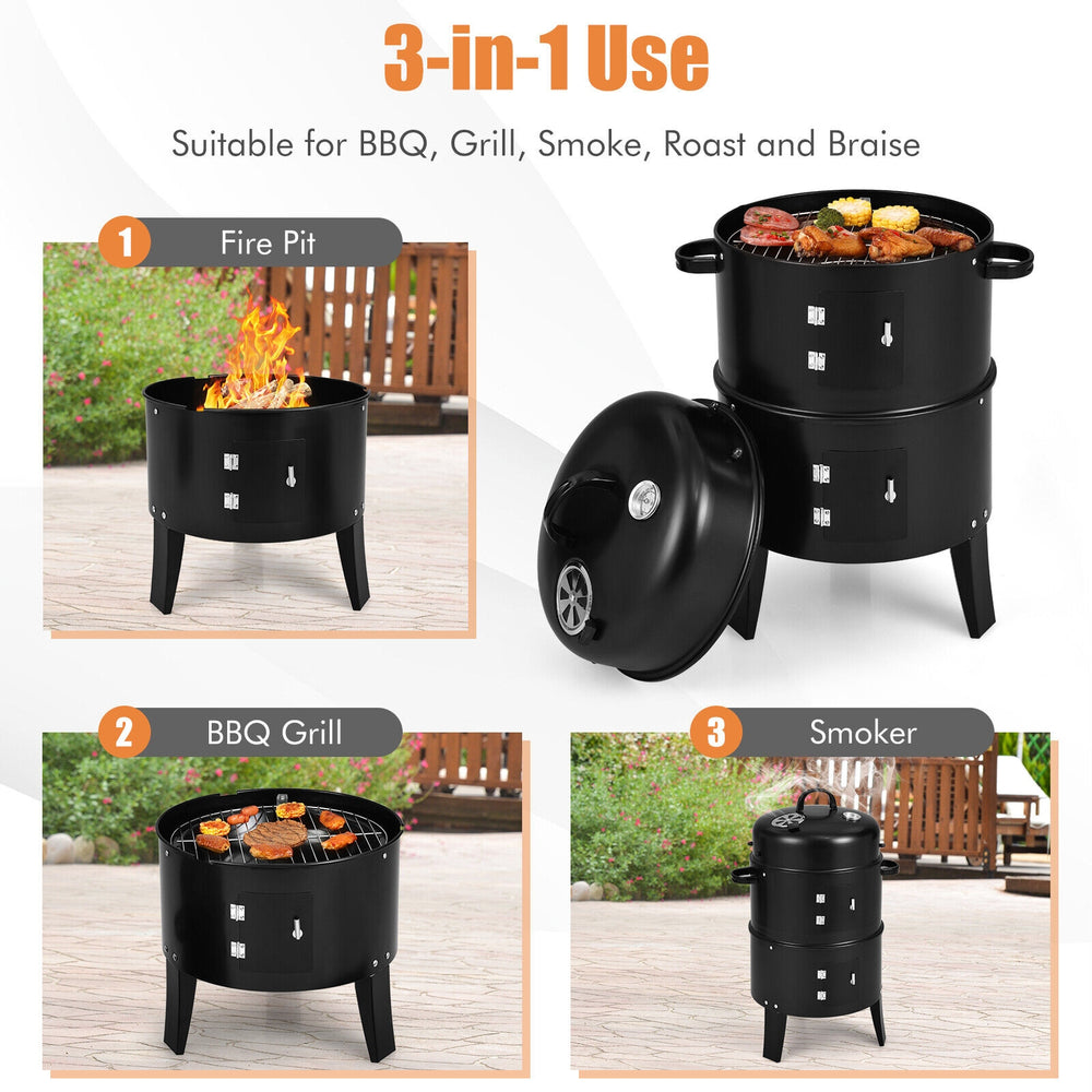 3-in-1 charcoal BBQ grill with built-in thermometer, shown as a smoker, BBQ grill, and fire pit for versatile cooking.