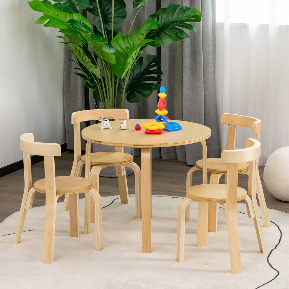 5-Piece Kids Wooden Curved Back Activity Table and Chair Set with Toy Bricks-Natural - Gallery View 1 of 11