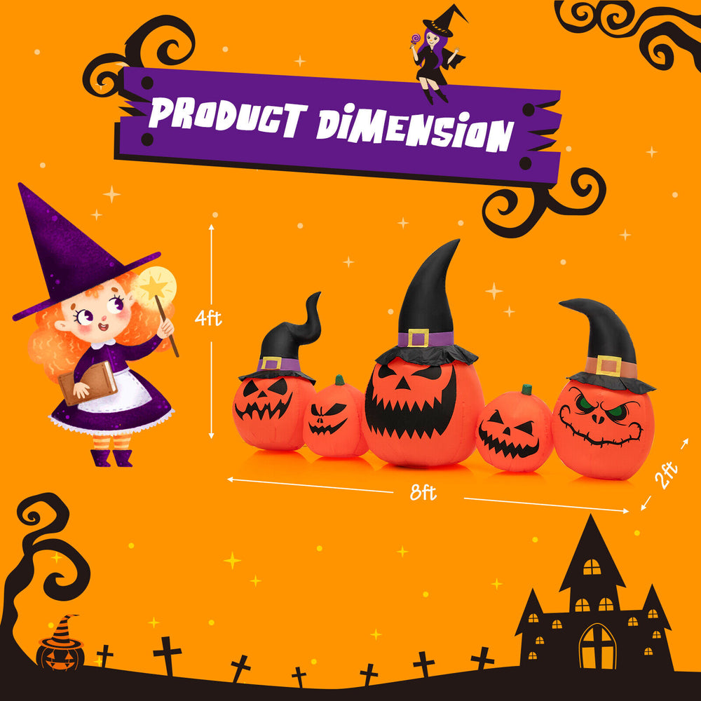 Inflatable pumpkin family decoration, 8 feet wide, featuring LED lights, perfect for Halloween yard display.