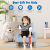 Kids rocking chair with solid wood legs in blue, designed for ages 3-5, perfect for reading and relaxing.