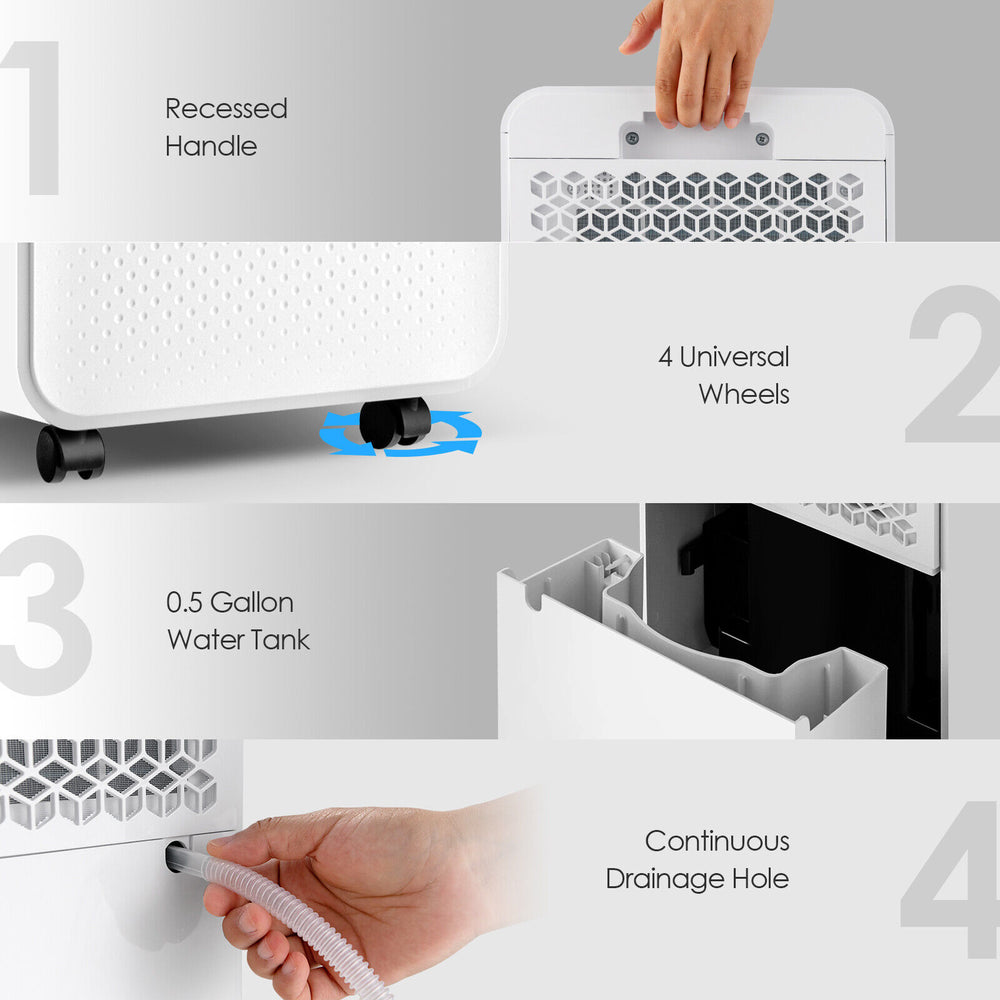 Recessed handle and 4 universal wheels of the 32 pints dehumidifier for easy mobility and convenience in home use.