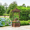 Rustic wooden wishing well with hexagonal roof and hanging bucket, perfect for growing plants in your garden or patio.