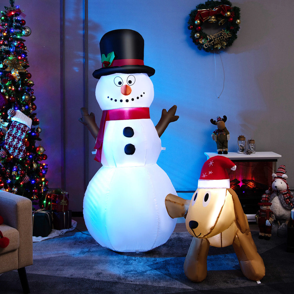 6-foot tall inflatable snowman and dog set with LED lights, perfect for festive indoor or outdoor holiday decoration.