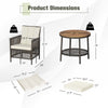 Dimensions of the 3-piece patio rattan furniture set with cushioned sofas and wood table top for outdoor relaxation.