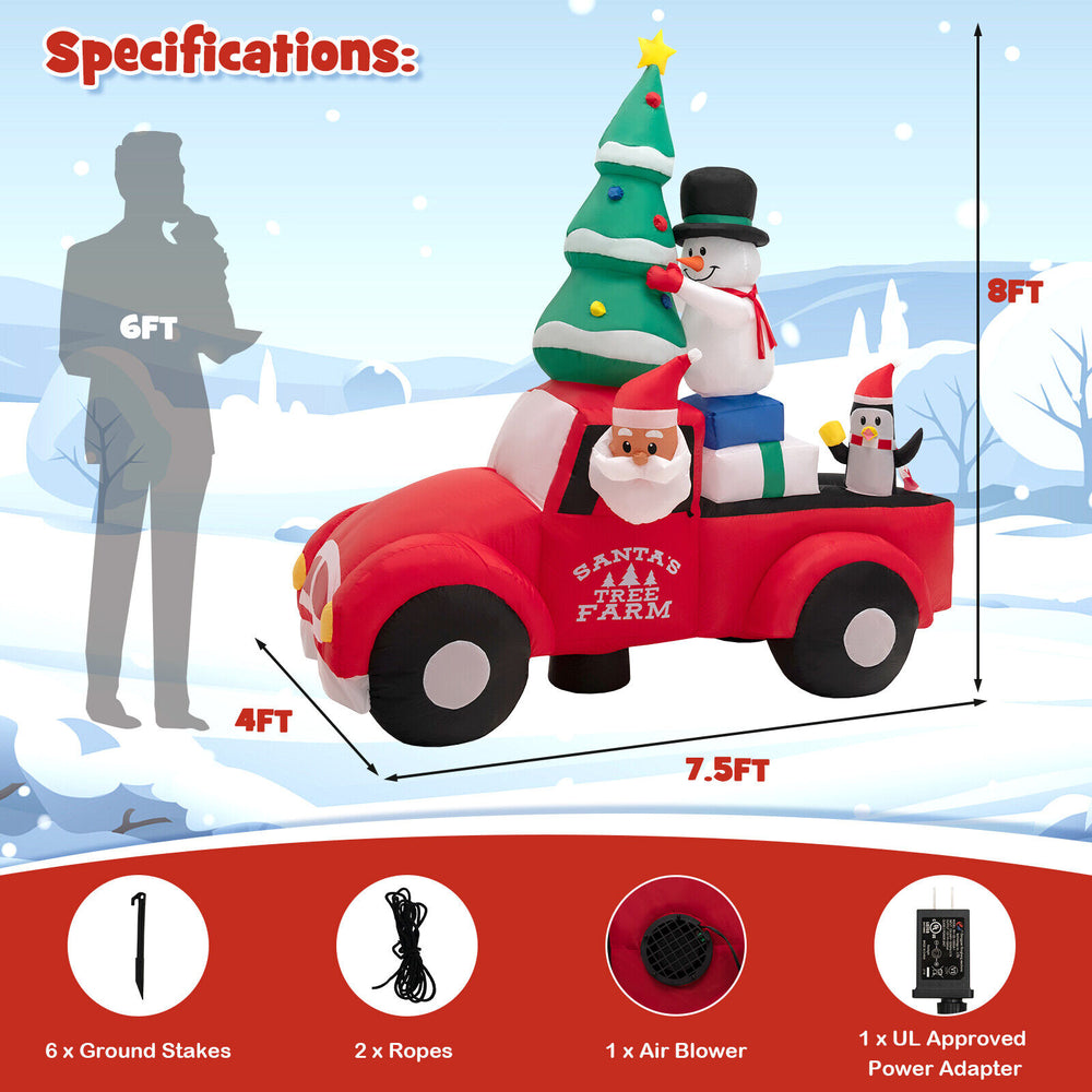 Inflatable Santa Claus driving a car with snowman and penguin, 8 feet wide, features LED lights for festive outdoor.