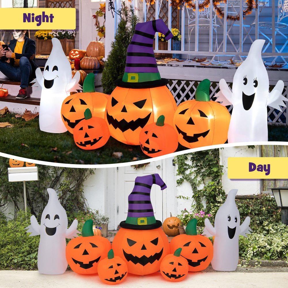 Colorful 9-foot Halloween inflatable pumpkins with two ghosts, featuring LED lights for festive outdoor decoration.