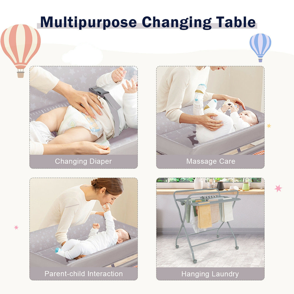 Multipurpose baby changing table in gray with safety belt, ideal for diaper changes, massage, and laundry storage.