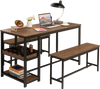 Rectangular dining table set with 2 benches in brown, featuring a wine rack and storage shelves for versatile use.