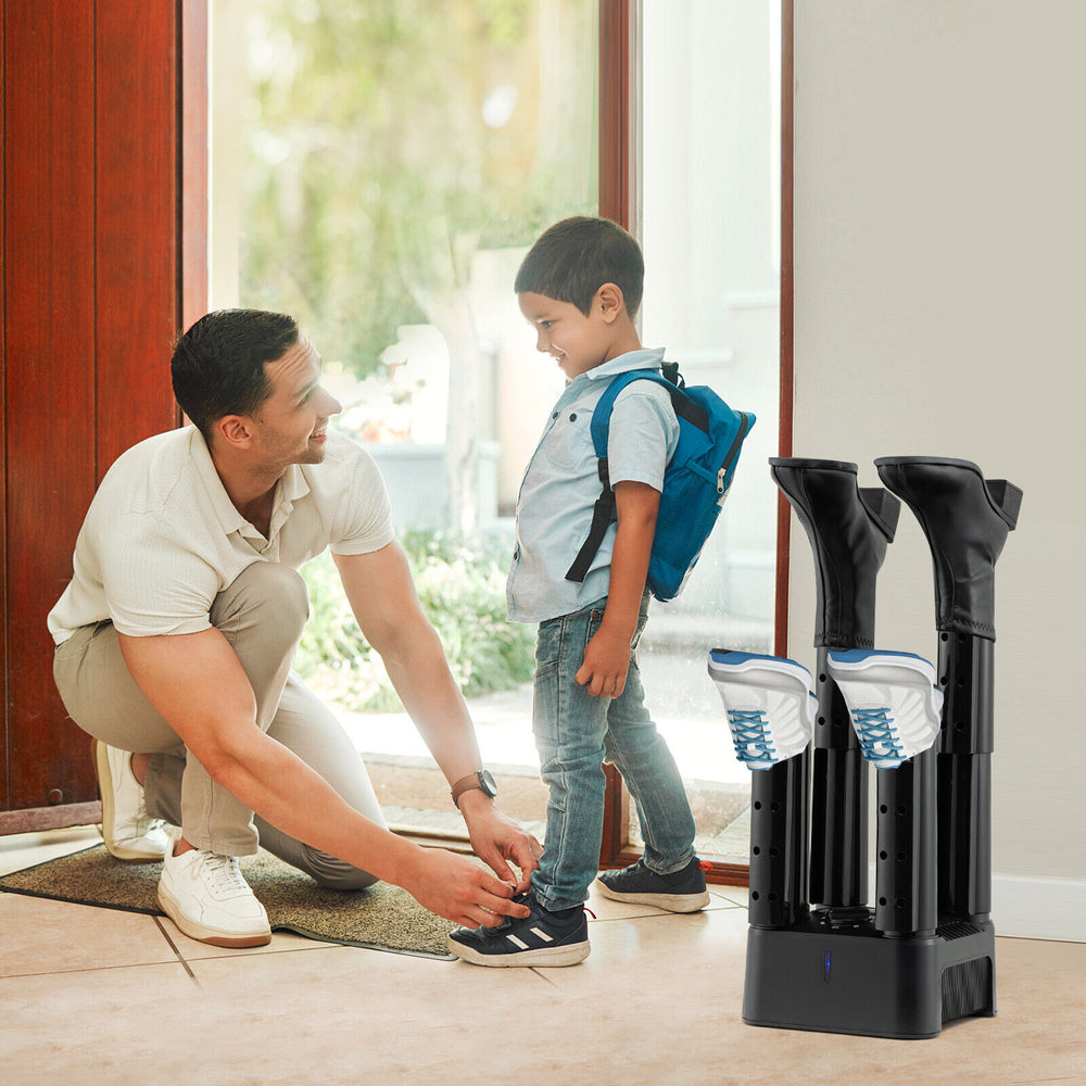4-shoe electric dryer with timer, featuring anti-blocking tubes and low-noise operation for efficient shoe drying.