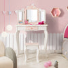 Kids vanity table set with tri-folding mirror in pink and white, featuring a cute zebra print and ample storage space.