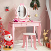 Pink kid vanity table set with oval mirror, sturdy MDF, spacious storage, perfect gift for girls aged 3-7.
