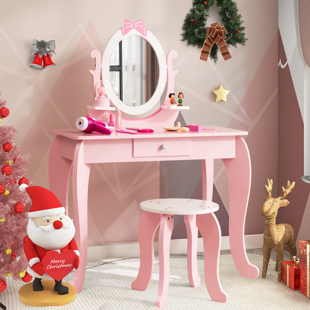 Pink kid vanity table set with oval mirror, sturdy MDF, spacious storage, perfect gift for girls aged 3-7.