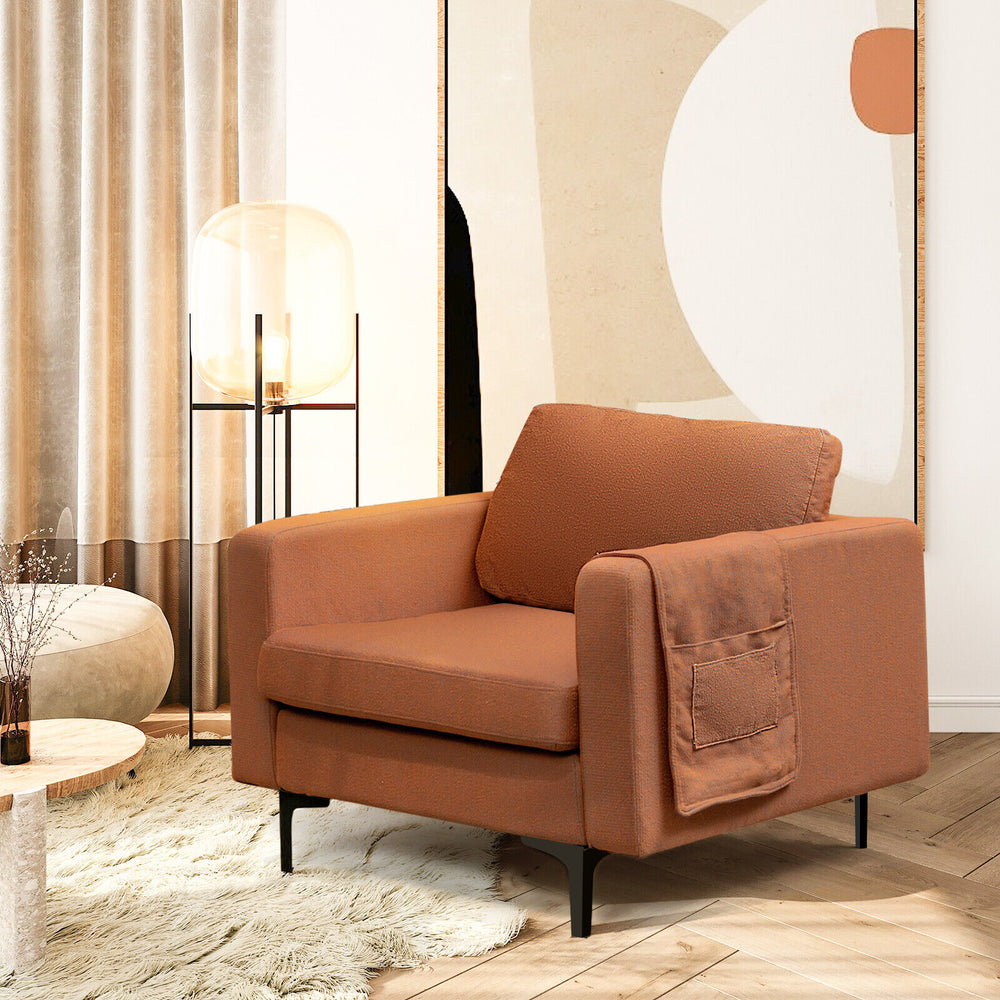 Modern orange accent armchair with side storage pocket, ergonomic design, and sturdy frame for living room or office.
