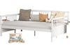 Wooden full-size daybed frame in white with guardrails, featuring a comfortable gray cushion and retro charm for.