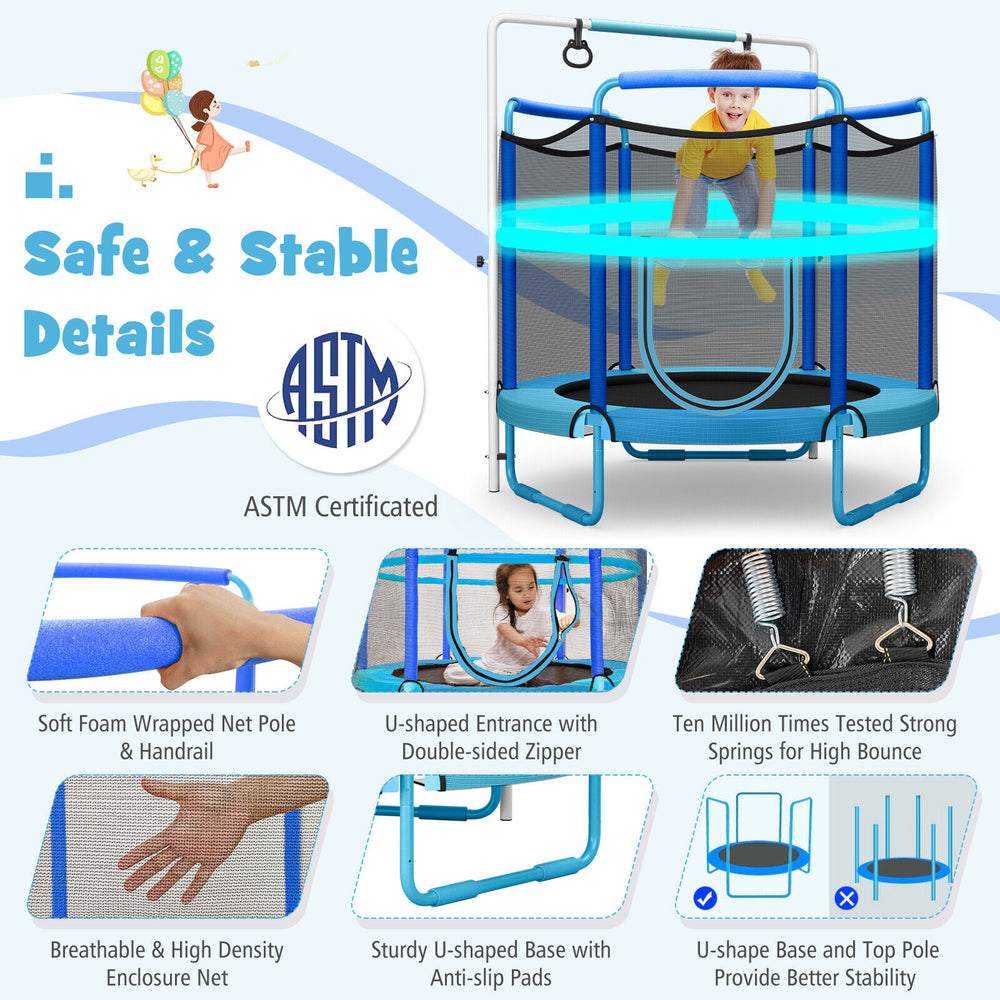 5ft kids trampoline with enclosure net, adjustable bar, and cat-shape rings for safe indoor and outdoor fun.