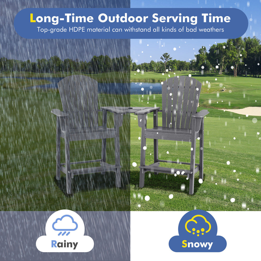 Gray HDPE tall Adirondack chair set with middle tray, designed for outdoor use in various weather conditions.