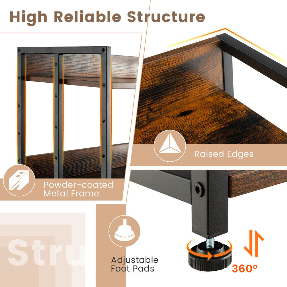 3-tier industrial bookshelf with a powder-coated metal frame, adjustable foot pads, and raised edges for stability.