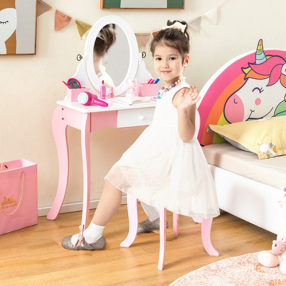 Kids vanity set featuring a 360° rotatable mirror, pink design, and play accessories for imaginative fun.