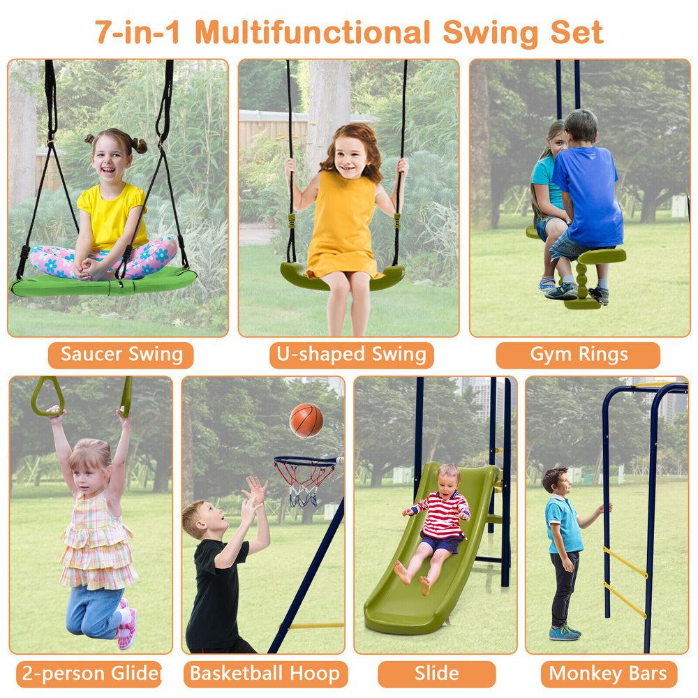 7-in-1 outdoor swing set featuring U-shaped swing, slide, and monkey bars, perfect for backyard fun for kids aged 3-10.