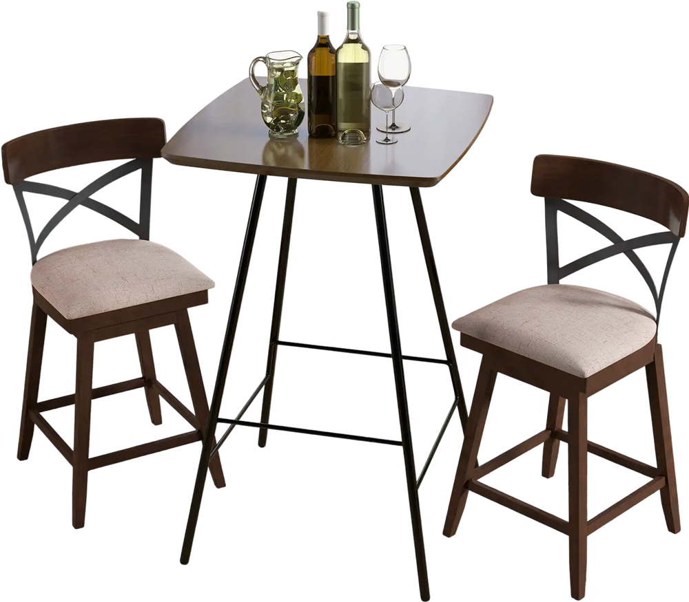 Set of 2 wooden swivel bar stools with cushioned seats and open X backs, perfect for kitchen islands or home bars.