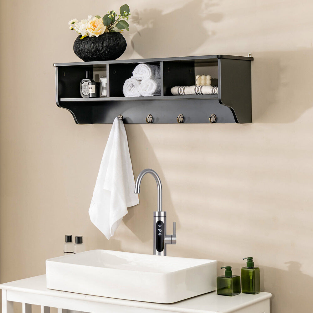 Wall-mounted black cubby organizer shelf with 4 hooks for entryway storage and display, made of premium MDF.