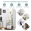 Jewelry cabinet with full-length mirror, white MDF, velvet lining, large storage, and lockable wheels for versatile use.