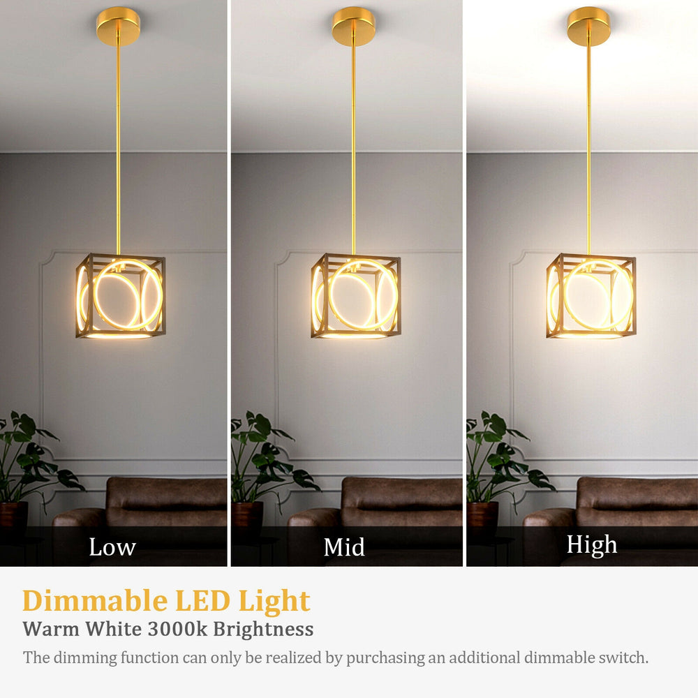 Modern LED pendant light in gold with adjustable length, featuring 3000K warm white light for stylish illumination.