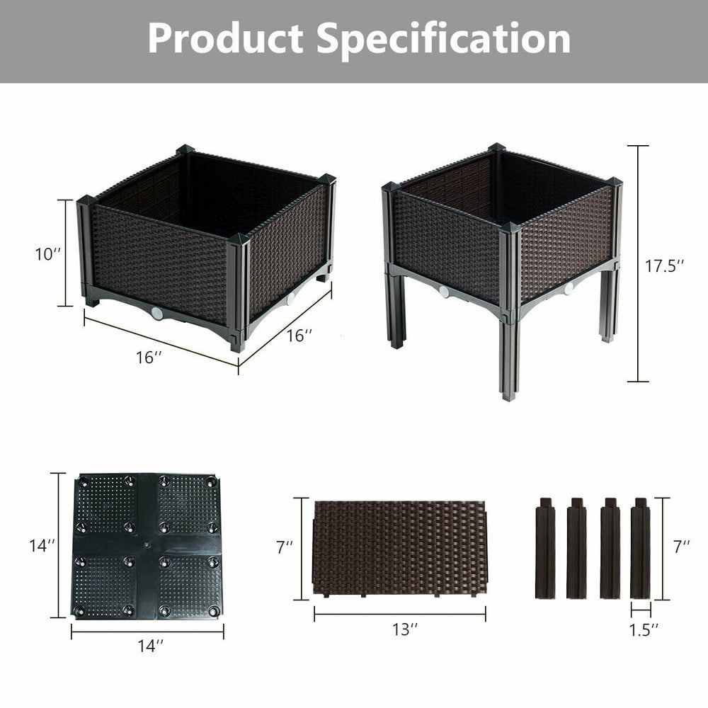 Set of 4 brown elevated planter boxes made of HDPE, 17 inches high, ideal for growing vegetables and herbs outdoors.