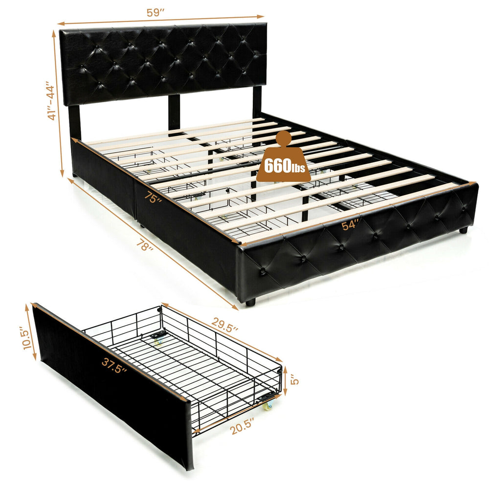 Full/Queen PU leather upholstered platform bed with 4 storage drawers, adjustable headboard, and sturdy frame for.