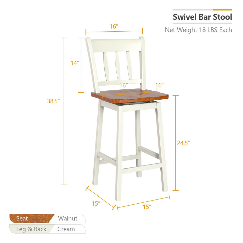 Set of 2 swivel bar stools in cream and walnut, featuring a 360° swivel seat for kitchen or dining room use.