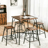 Rustic brown 5-piece bar table set with square tabletop and 4 backless stools, ideal for dining and easy storage.