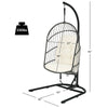 Hanging wicker egg chair with stand in beige, featuring a sturdy steel frame and comfortable cushions for outdoor or.