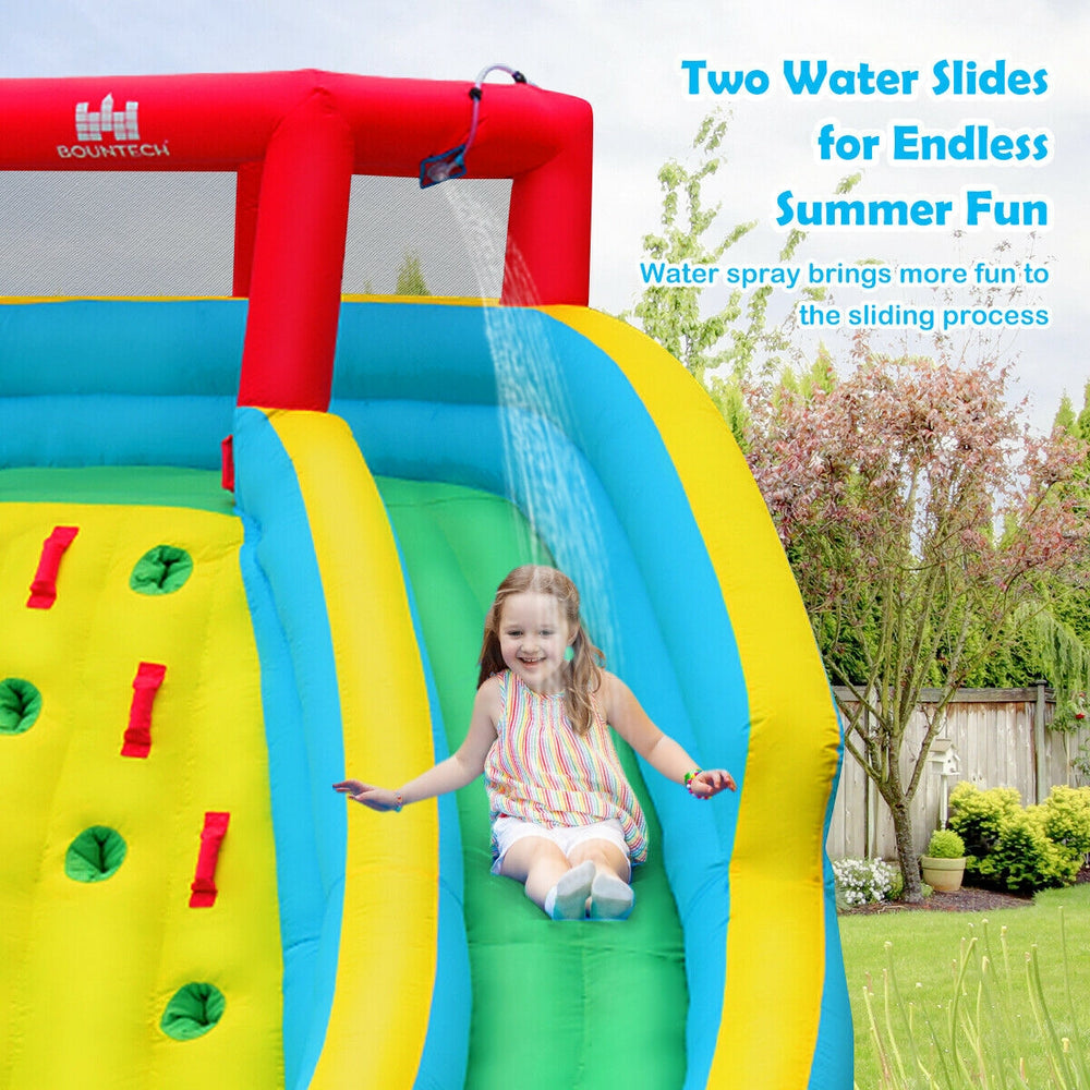 Double side inflatable water slide park with climbing wall, featuring sprayers and splash pool for outdoor summer fun.