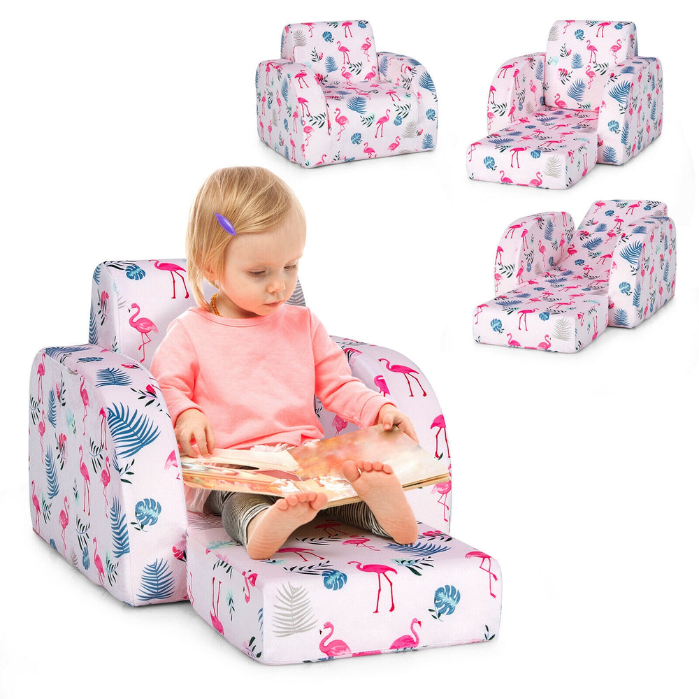 Convertible 3-in-1 kid sofa bed in pink flamingo pattern, designed for toddlers to relax, read, or play comfortably.