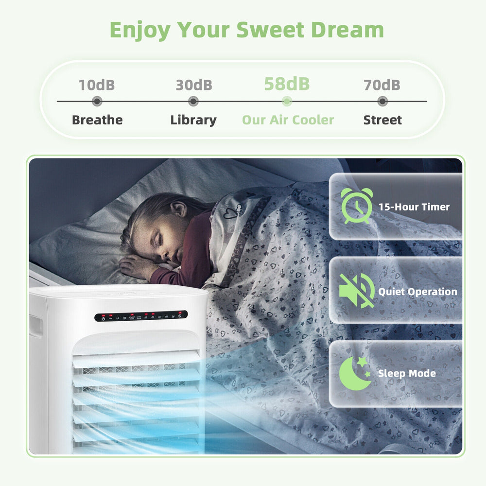 4-in-1 portable evaporative air cooler in white, featuring a 15-hour timer and quiet operation for comfortable sleep.