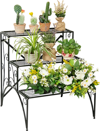 Costway 3-Tier Metal Plant Stand Widened Grid Shelf Black 92061478 New
