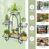 6-tier black plant stand with adjustable foot pads, showcasing plants in a stylish design for indoor or outdoor use.