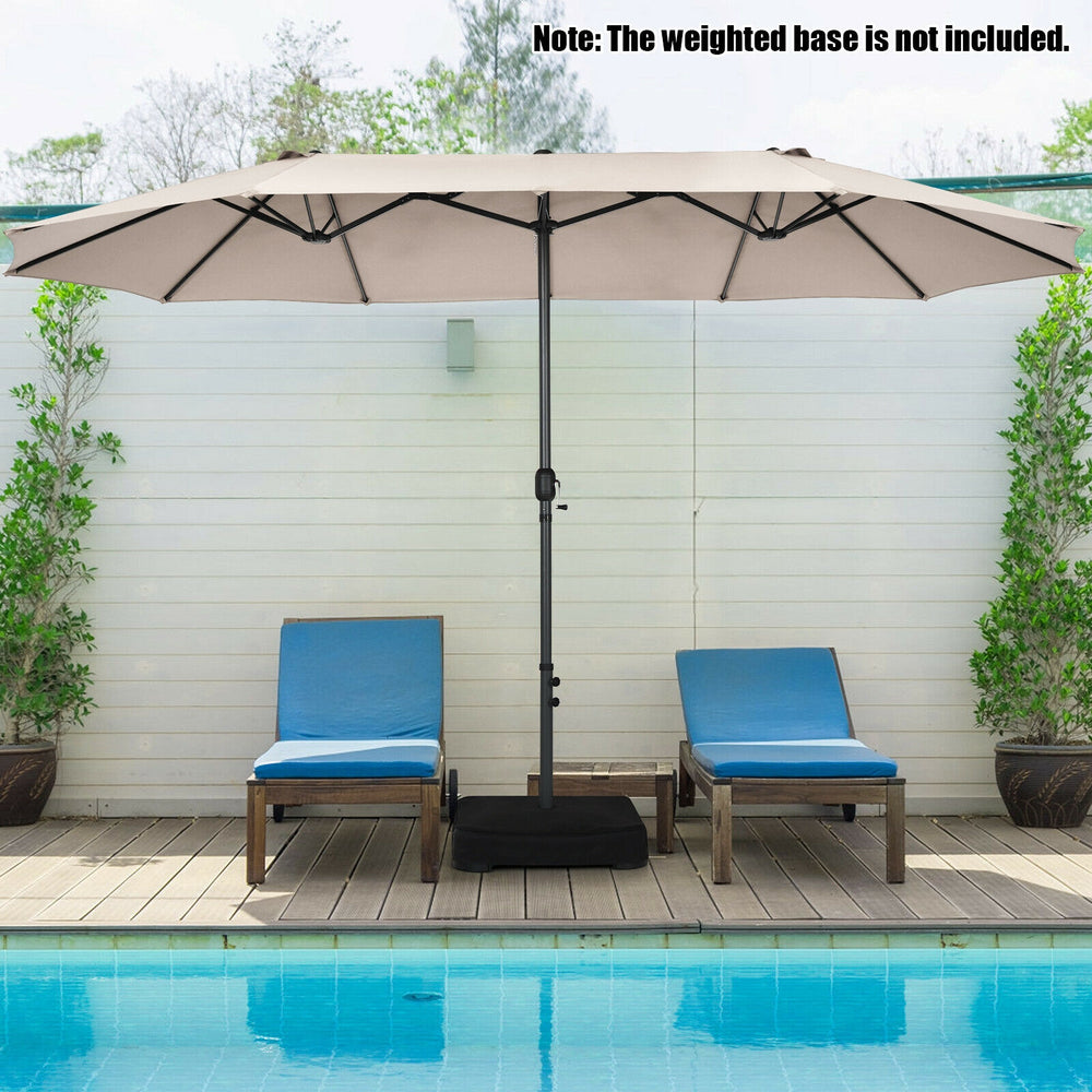 Double-sided 15 feet patio umbrella in beige with sturdy metal frame, ideal for creating a large shady space by the.