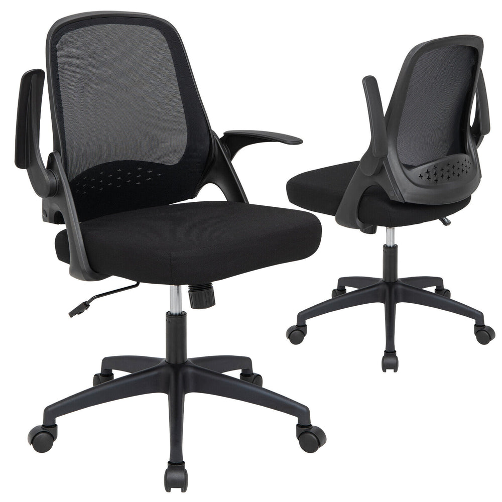 Adjustable black mesh office chair with flip-up armrests, ergonomic backrest, and 360° swivel for comfortable desk use.