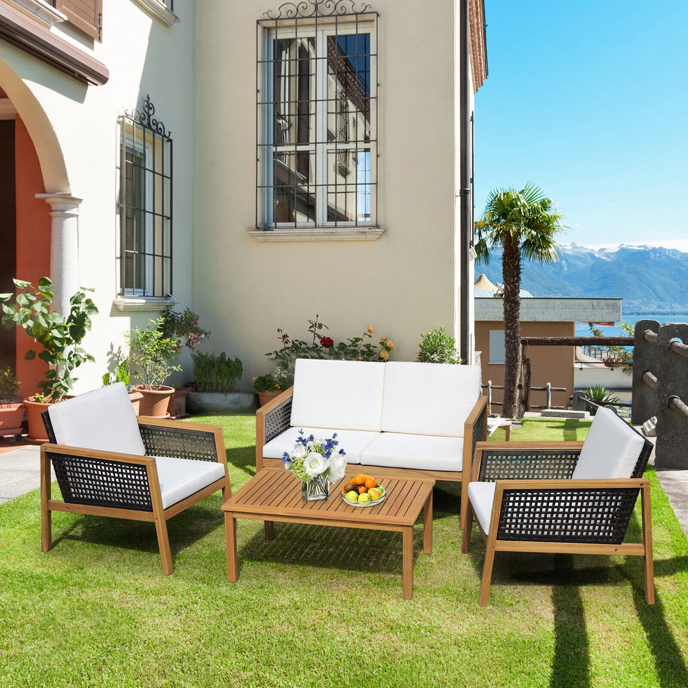 4 Pieces Patio Rattan Furniture Set with Removable Cushions-White - Gallery View 1 of 9